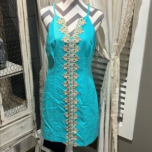 Lilly Pulitzer seaside aqua Pearl Shift dress with cream & gold embellishment.